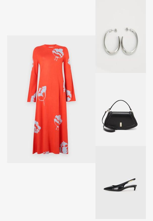 Robe longue à manches longues en tricot rouge avec une coupe décontractée, ornée de motifs floraux bleu clair. L'encolure est ronde et la jupe tombe doucement.; Talons hauts en cuir noir avec un bout pointu, dotés d'un talon fin et d'un accent en ton or sur la lanière réglable. Texture lisse.; Sac à main en cuir noir avec un design structuré, featuring une forme cropped, une poignée supérieure et des accents en matériel doré. Bandoulière réglable incluse.; Boucles d'oreilles en argent avec un design lisse et courbé. Présentent une finition métallique brillante et une fermeture à clou. Pas de motifs ou d'accents visibles.