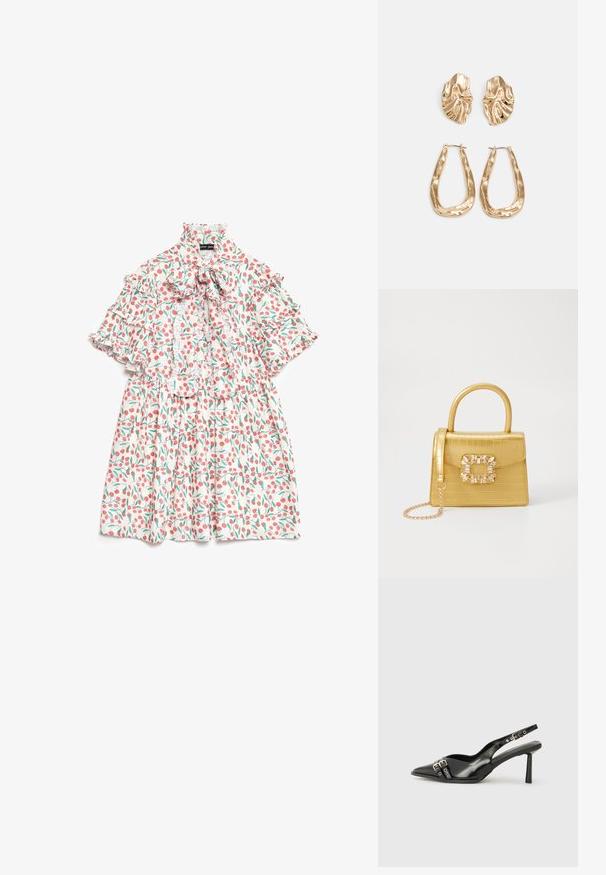 Vestido floral com um colarinho alto com babados, mangas curtas e um corpete ajustado. Base branca com estampa de cerejas vermelhas e folhas verdes.; Sapato slingback preto em pele patentada com bico apontado, tiras no tornozelo apresentando fivelas e acessórios prateados, e um salto elegante.; Bolsa amarela em pele de crocodilo falsa, com um design estruturado, pega no topo, alça de corrente removível e decoração de cristal no fecho.; Brincos em tom de ouro com formas onduladas e texturizadas. Inclui studs escultóricos com presilha e um design de argola aberta com um acabamento martelado.