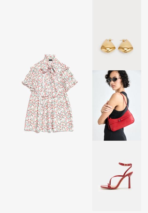 Cvetna obleka z visokim nabranim ovratnikom, kratkimi rokavi in prilegnjenim korpusom. Bela osnova s tiskanimi rdečimi češnjami in zelenimi listi.; ALDO SCINTILLA - Sandali z visoko peto - red; Rdeča usnjena torbica za ramo z gladko teksturo, ukrivljeno zasnovo in dekorativno zaponko. Prilagodljiv trak in zadrga.; Zlato obarvani kovinski uhani z gladko, zaobljeno trikotno obliko in zasnovo s pritrditvijo na zadnji strani; odbojna površina z minimalnim detajliranjem.