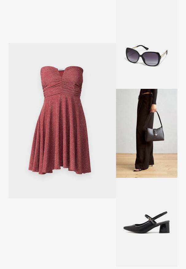 Αμάνικο κόκκινο φόρεμα με εφαρμοστό μπούστο και ρουχαρίσματα, φαρδιά φούστα και μεταλλική γυαλιστερή υφή. Το τελείωμα είναι ελαφρώς άνισο.; Μαύρα παπούτσια γοβάκια από πατενταρισμένο δέρμα με γωνιαστό μπροστινό μέρος, στρογγυλή κοπή και τετράγωνο τακούνι. Διαθέτουν μια χρυσή αγκράφα ως διακοσμητικό στοιχείο.; Μαύρα υπερμεγέθη γυαλιά ηλίου με κλειστή βαθμίδα φακού, παχιά σκελέτη και λεπτομέρειες από χρυσή αλυσίδα στις βραχίονες του σκελετού.; Μαύρη τσάντα χειρός με δομημένο σχήμα, λεία υφή και μεταλλικό κούμπωμα. Συνδυασμένη με φαρδιά μαύρα παντελόνια και σανδάλια ανοιχτής μύτης πάνω σε ξύλινο πάτωμα.