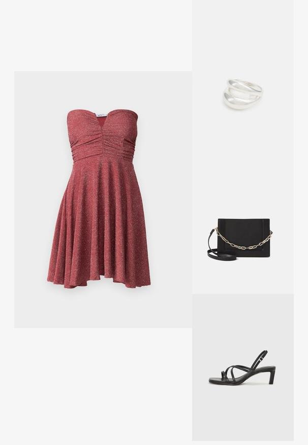 Bezplecu sarkans kleita ar pieguļošu korpusu, kurā ir rūši, uzpūsta svārku daļa un metālisks mirdzošs tekstūras. Apakšmalas nedaudz nevienmērīgas.; Melnas strappy sandales ar kvadrātveida purngaliem un zemu bloku papēdi. Ievērojamas ar vairākiem plāniem siksniņām un regulējamu potītes siksniņu. Izgatavotas no gludas ādas.; Melna ādas crossbody soma ar gludu faktūru, taisnstūrveida formu un metalizētu ķēdes detaļu priekšā. Iekļauta regulējama siksna.; Sudraba divu joslu gredzens ar gludu, pulētu virsmu. Iezīmējas ar plūstošu, izliekta dizaina struktūru ar pārklājošām sekcijām modernam izskatam.