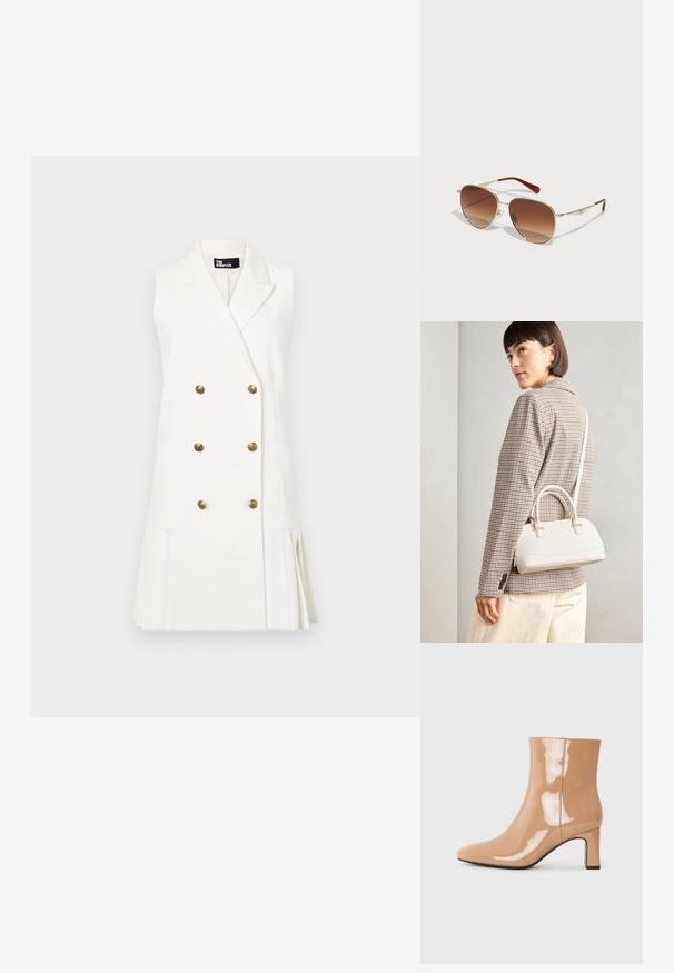 Bela brezrokavna jakna z dvorednim zapiranjem, zlatimi gumbi in nabranim detajlom na robu. Narejena iz gladkega, strukturiranega blaga.; Nude patentne gležnjarje z ostrim nosom, bleščečo površino in srednje visokim blok peto. Gladka tekstura in eleganten silhuet.; Sončna očala z zlato kovinsko okvirjem in prehodnimi rjavimi lečami. Imajo edinstveno geometrijsko obliko in rjave detajle na ročajih. Lahka zasnova.; Bela strukturirana torba z kratkimi ročaji in naramnim trakom, z zlatimi okrasnimi elementi in teksturiranim materialom, prikazana na sivi podlagi.