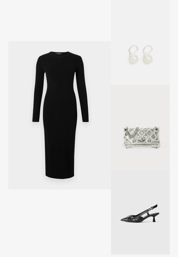 Robe tricotée noire à côtes, à manches longues, avec un col rond et une silhouette ajustée, s'étendant jusqu'à mi-mollet.; Chaussure slingback en cuir noir avec un bout pointu, des sangles décoratives avec œillets en métal et un petit talon carré. Surface texturée.; Sac à main en métal argenté avec une poignée en chaîne, texture matelassée, couture décorative et fermeture éclair. Présente des accents embossés sur le devant.; Boucles d'oreilles en forme de goutte en perles avec une surface polie, dotées d'un fermoir en argent et de perles blanches rondes. Design simple et classique.