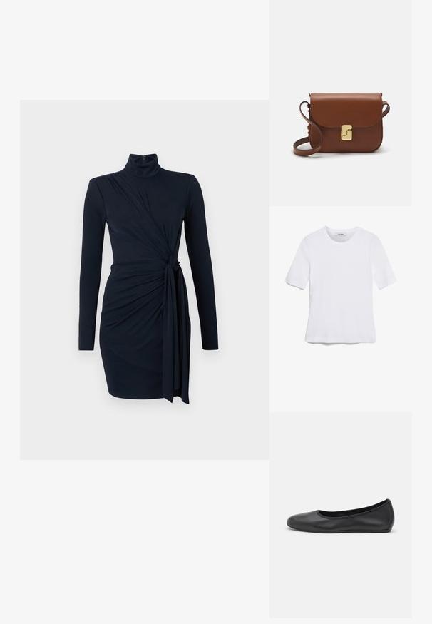 Granatowa sukienka z długim rękawem i wysokim dekoltem, z marszczonym materiałem i węzełkiem na wysokości talii, wykonana z gładkiego, elastycznego materiału.; Biała koszulka krótki rękaw wykonana z materiału prążkowanego. Okrągły dekolt, regularny krój i subtelne detale szwów. Bez wzorów ani grafik.; Czarne skórzane baletki z zaokrąglonym noskiem, gładką fakturą, minimalnymi przeszyciami i elastycznym designem podeszwy.; Brązowa skórzana torebka na ramię z klapką, złotymi detalami, paskiem na ramię i gładką teksturą. Kompaktowy prostokątny kształt.