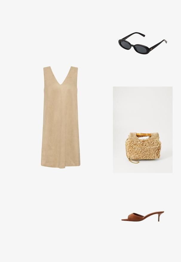 Beżowa sukienka bez rękawów z głębokim dekoltem w kształcie litery V, wykonana z miękkiego, teksturowanego materiału. Luźny krój z sylwetką w kształcie litery A, idealna na ciepłe dni.; Brązowe zamszowe mule z odkrytymi palcami o zakrzywionej formie, z niskim obcasem w stylu stiletto i gładkimi, minimalistycznymi liniami.; Czarne, oversize okulary przeciwsłoneczne z owalnymi soczewkami, gładkim plastikowym mostkiem i złotymi akcentami na zausznikach. Ciemne soczewki zapewniają ochronę przed słońcem.; Wykonana z tkanego słomy torebka z bambusowymi uchwytami, charakteryzująca się teksturowanym frędzlem w naturalnym beżu i złotym łańcuszkiem.