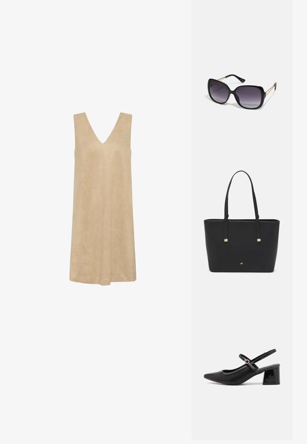 Bežové bezrukávové šaty s hlbokým výstrihom do V, vyrobené z mäkkej, textúrovanej tkaniny. Voľný strih s A-liniou, vhodné na teplé počasie.; Čierne lakované kožené lodičky so slingback dizajnom, špicatou špičkou, zaobleným výrezom a blokovým podpätkom. Obsahuje akcent zlatého tónu s prackou.; Čierne oversized slnečné okuliare s gradientovými sklíčkami, hrubými rámami a zlatým retiazkovým detailom na stranách.; Čierna taška na rameno vyrobená z syntetického materiálu, s jednoduchým obdĺžnikovým dizajnom, zlatými štvorcovými akcentami a dvojitými uchami.