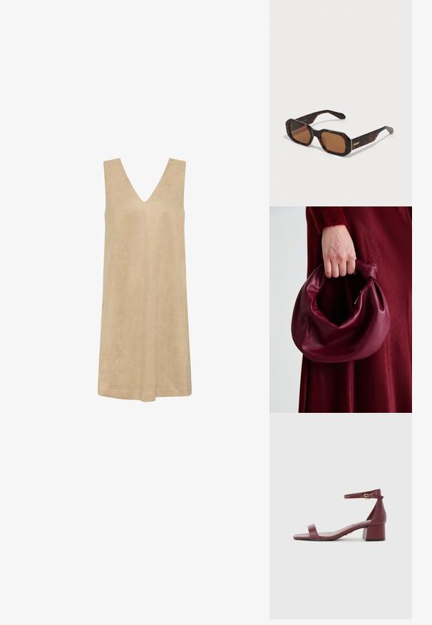 Beige ilman hihansuita mekko, jossa on syvä V-pääntie, valmistettu pehmeästä, tekstuuripintaisesta kankaasta. Rento istuvuus A-linjaisella siluetilla, sopii lämpimille säille.; Burgundin nahkakengät neliönmuotoisella varvaskannalla, ohuella nilkkahihnalla, kultaisilla yksityiskohdilla ja paksulla lohipohjalla. Sileä pinta ja minimalistinen muotoilu.; Sateen ruskea aurinkolasit, joissa on kuusikulmainen kehys, ruskeat linssit ja kultainen 'QUAY'-logo varressa. Sujuva pinta, kestävä muotoilu.; Burgundy-nahkakäsilaukku, jossa on pehmeä, ryppyinen muotoilu ja pyöreä muoto. Kahva on kiinnitetty tukevasti, ja siinä on sileä pinta.