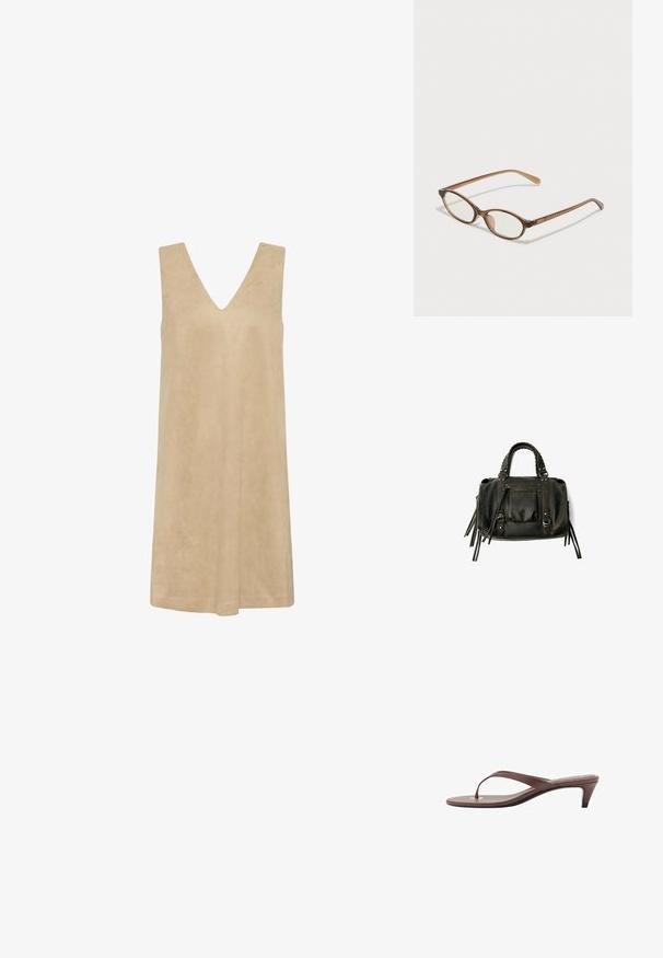 Beige ärmelloses Kleid mit tiefem V-Ausschnitt, aus weichem, strukturiertem Stoff. Lockerer Schnitt mit A-Linie, geeignet für warmes Wetter.; Braune, mit Absatz versehene Flip-Flop-Sandale mit einem schmalen Riemen und abgerundetem Zehensteg, der ein kleines goldfarbenes Akzent auf dem Fußbett aufweist.; Braune Schildpatt-Brille mit ovalen Gläsern, dünnen Bügeln und transparenten Akzenten. Verfügt über ein dezentes Logo am Bügel. Elegantes, leichtes Design.; Schwarze Lederhandtasche mit geflochtenen Griffen, Reißverschlussfach und hängenden Quasten. Strukturiert Oberfläche mit Metallnieten und Hardware-Akzenten.