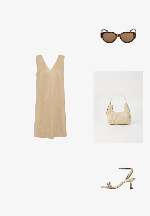 Beige ärmelloses Kleid mit tiefem V-Ausschnitt, aus weichem, strukturiertem Stoff. Lockerer Schnitt mit A-Linie, geeignet für warmes Wetter.; Goldene metallische Sandalette mit Absatz, Knöchelriemen, zwei schmalen vorderen Bändern und Blockabsatz. Mit dekorativen Verzierungen.; Braun gesprenkelte Sonnenbrille im Katzenaugen-Design, mit braunen Gläsern und glatter Textur. Das Gestell hat gebogene Bügel mit einem dezenten Muster.; Beige geflochtene Strohtasche mit geschwungener Form, einem kurzen Griff und einem seitlichen Reißverschluss. Verfügt über eine strukturierte Oberfläche und ein minimalistisches Design.