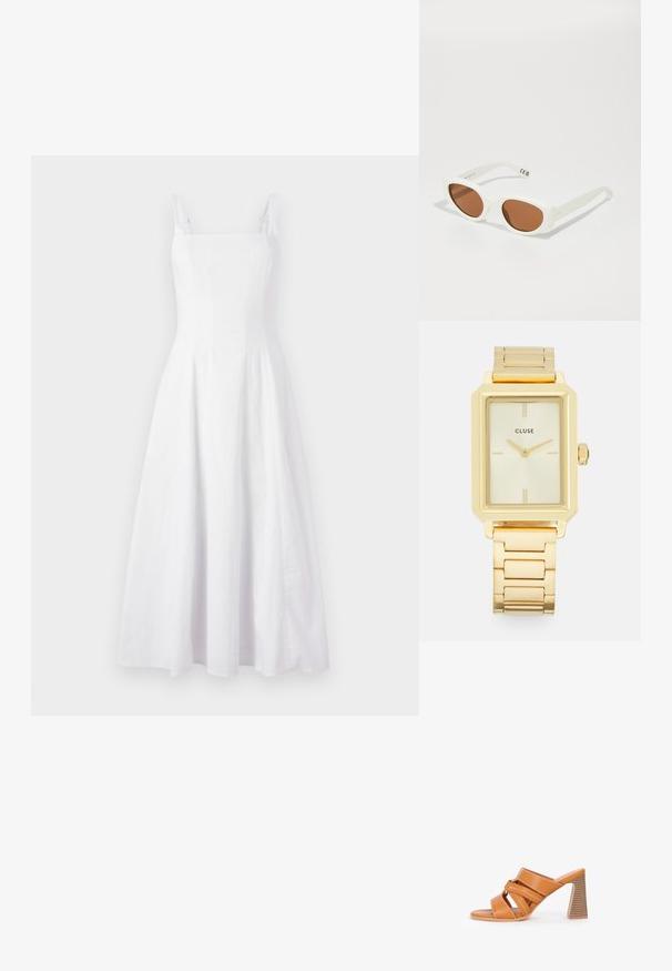Vestido de lino blanco con escote cuadrado, tirantes finos y falda acampanada, que presenta una textura sutil y un diseño de largo medio.; Zuecos de tacón alto de cuero sintético naranja con tiras entrecruzadas, punta abierta y un tacón cuadrado texturizado. Acabado suave con detalles de costura visibles.; Gafas de sol ovaladas blancas con lentes marrones, con un acabado mate y patillas rectas. Los detalles notables incluyen la marca en la patilla.; Reloj de pulsera rectangular dorado con un diseño minimalista, que presenta una esfera color crema, manecillas doradas y una pulsera de eslabones metálicos. Las marcas incluyen el nombre de la marca.