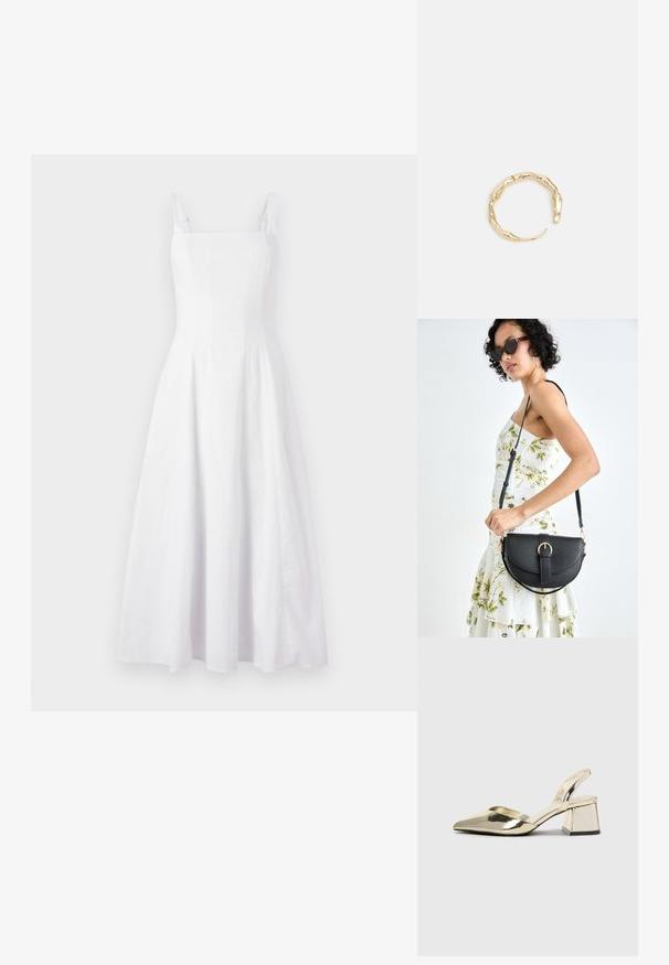 Biała lniana sukienka z kwadratowym dekoltem, cienkimi ramiączkami i rozkloszowanym dołem, z subtelną teksturą i średniej długości krojem.; Złote, metaliczne szpilki z boku z wydłużonym noskiem i grubym obcasem. Gładka faktura, minimalistyczny design i wąski pasek.; Czarna skórzana torebka o zakrzywionym kształcie, z odpinanym paskiem i złotymi akcentami. Torebka posiada klapę z zapięciem w kształcie klamry.; Pierścionek w odcieniu złota z organicznym, skręconym wzorem, o gładkiej fakturze i zwężających się końcach, tworzący nowoczesny, rzeźbiarski wygląd.