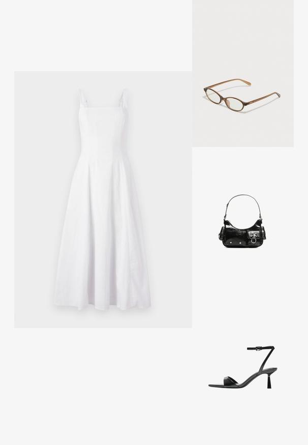 Valkoinen pellavamekko neliönmuotoisella pääntiellä, ohuilla olkaimilla ja helman leikkauksella, jossa on hienovarainen tekstuuri ja puolipitkä muoto.; Bershka Korolliset sandaalit - black; Ruskeat kilpikonnaruutulasiset silmälasit, joissa ovaalit linssit, ohuet varret ja läpinäkyvät yksityiskohdat. Temppeleissä on huomaamaton logo. Suunnittelultaan suora ja kevyt.; Mustekko mustasta kiiltonahasta valmistettu käsilaukku, jossa on kaareva muoto, yksi olkahihna, etutaskut ja hopeanväriset yksityiskohdat.