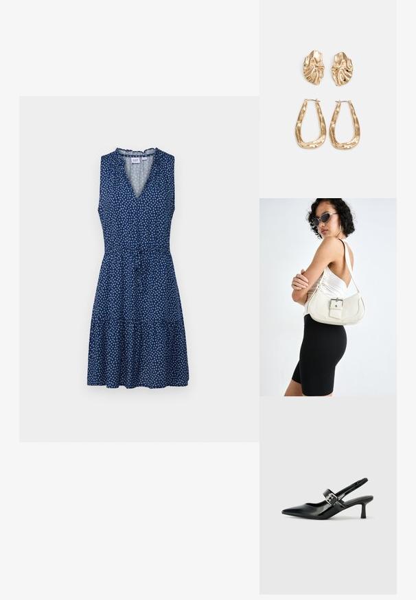 GAP ZEN EWAIST - Dnevna haljina - navy floral; Crne lakirane slingback potpetice s oštrim prstom i malom blok petom, s naglaskom na srebrnoj kopči na remenu.; Bijela kožna torbica s zakrivljenim oblikom, podesivim remenom i malim detaljem kopče. Model nosi usklađeni crni outfit.; Naušnice zlatne boje s teksturiranim, valovitim oblicima. Uključuju skulpturalne kopče i dizajn otvorene kružnice s kovanom završnom obradom.