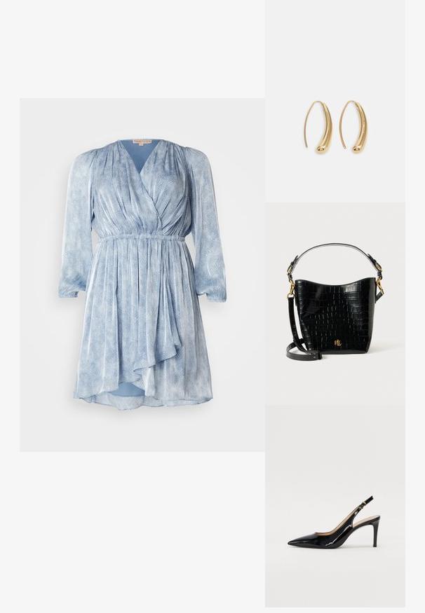 MICHAEL Michael Kors FAUX WRAP MINI - Kokteilikleit/peokleit - blue; Must hõbedavärvi patendiga slingback kontsakingad terava varbaga, kitsas konts ja peene lõikega disain. Statistika on kuldne pandla rihmal.; Mustad krokodillimustriga must nahast kott, millel on kõver kuju, kuldse riistvara aktsessid, reguleeritav rihm ning logodetail esiosas.; Kuldtoonilised metallist rõngas kõrvarõngad, millel on kõver ja piklik kuju. Omavad siledat, läikivat pinda ja ümarat tipptugevdust, mis lisab detaili.