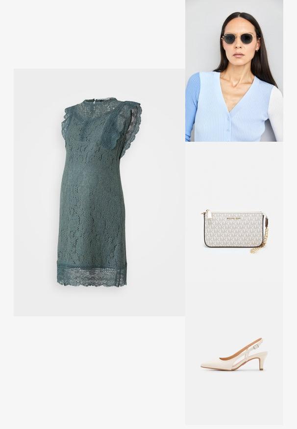 Vestido de renda em teal, com mangas em forma de onda, padrões florais e uma silhueta ajustada. Os detalhes incluem um decote alto e acabamento em renda na bainha.; Sandal com salto branco, ponta afilada, material superior liso, salto bloco baixo e design com recortes laterais, com tira ajustável.; Óculos de sol redondos com lentes escuras e armação dourada. O modelo usa um cardigan canelado azul claro com botões e mangas brancas em contraste.; Pochete Michael Kors em tela revestida bege com padrão repetido do logotipo MK, ferragens douradas e uma alça de corrente destacável.