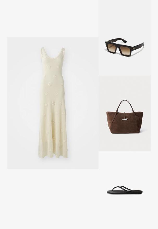 Kötött maxi ruha tört fehér színben, kerek nyakkivágással. Horgolt virágminták díszítik, fitted fazonú, mely a szegélyénél bővül.; Fekete papucs texturált gumitalppal, két vékony pánttal és finom, domború logóval a pánton.; Teknőc páncélszínű napszemüveg négyzet alakú kerettel, átmeneti barna lencsékkel és finom arany részletekkel a szárakon.; Barna nubuk bőr bevásárlótáska két puha fogantyúval, egy ezüst díszítéssel ellátott függőleges pánttal és széles, nyitott tetejével. Simább textúra, minimalista design.