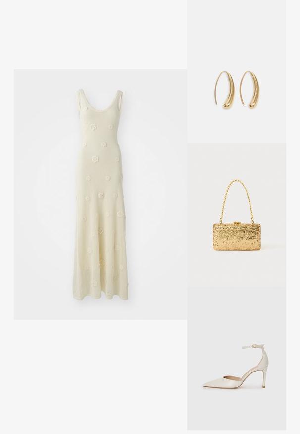 Robe maxi en tricot couleur blanc cassé avec un décolleté arrondi. Présente des détails en crochet en forme de fleurs et une coupe ajustée qui s'évasent au niveau de l'ourlet.; Chaussure à talon haut en cuir blanc avec un bout pointu, une bride de cheville et un talon aiguille fin. Texture lisse avec une finition légèrement brillante.; Pochette en sequins dorés de forme rectangulaire, dotée d'une poignée en chaîne torsadée et d'une fermeture à fermoir en métal, réfléchissant la lumière avec une finition texturée.; Boucles d'oreilles en métal doré en forme d'anneau, avec une forme courbée et allongée. Elles présentent une surface lisse et brillante avec une pointe arrondie pour un détail supplémentaire.