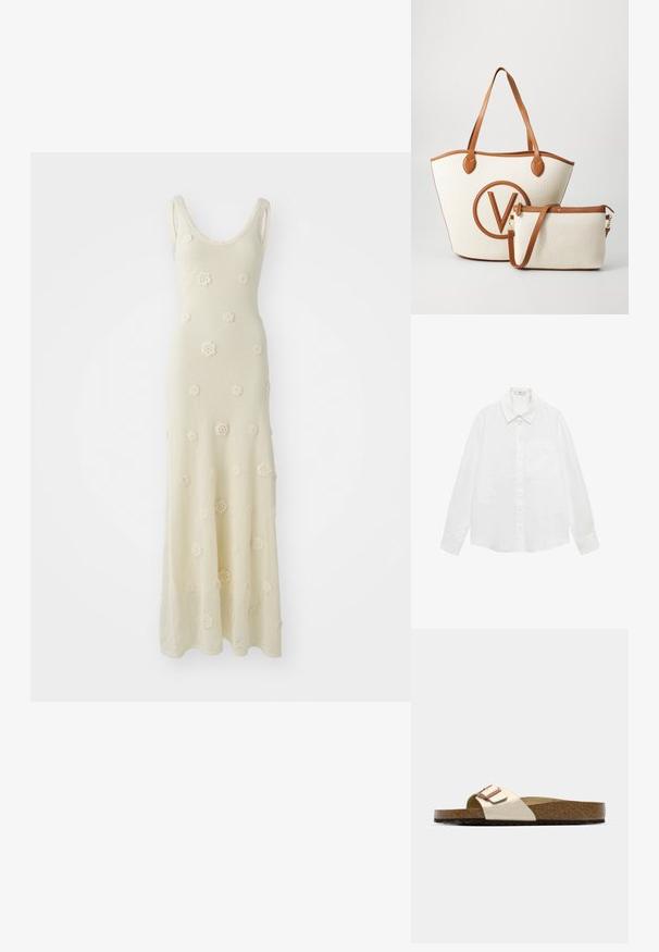 Sukienka maxi dzianinowa w kolorze off-white z okrągłym dekoltem. Posiada detale w postaci szydełkowych kwiatów w całej długości oraz dopasowany krój, który rozszerza się u dołu.; Biała koszula z długim rękawem, zapinana na guziki, wykonana z lekkiego materiału, z klasycznym kołnierzykiem, pojedynczą kieszenią na piersi i prostym wykończeniem.; Sandały typu slide z lekkim metalicznym wierzchem, korkową wkładką i teksturowaną brązową gumową podeszwą. Detal z klamrą z akcentem logo.; Torba płócienna w kolorze kremowym z brązowymi skórzanymi akcentami, z wyraźnym okrągłym logo V. Zawiera małą pasującą torebkę na ramię.