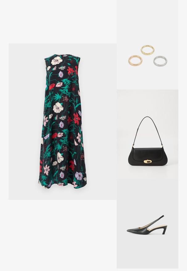 Marimekko MIGOT PERENNA - Maksimekko - black/turquoise/pink; Musta, kärjeltään terävä slingback-kengä, jossa on matala korko. Kengässä on sileä nahkamateriaali ja sivuilla leikkaukset hengittävyyttä varten.; Musta nahkainen käsilaukku, jossa on kaareva muotoilu, kultasävyiset yksityiskohdat ja yläkahva. Sisältää tyylikkään sulkijan ja sileän pinnan.; Kolme metallirengasta: yksi ruusukultainen, yksi kultainen teksturoiduilla yksityiskohdilla ja yksi hopeinen, kaikki kaiverretulla brändäyksellä sisäpuolella.