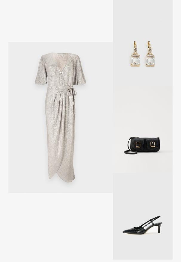 Metallisch silbernes Wickelkleid mit kurzen, schwingenden Ärmeln, einem V-Ausschnitt, einem Bindeband in der Taille und gefaltetem Vorderteil, aus strukturiertem Stoff gefertigt.; Schwarze Lack-Slingback-Pumps mit spitzem Zehenbereich, versehen mit strukturiertem Schlangenprint, verstellbarem Riemen und einem kurzen, strukturierten Blockabsatz.; Schwarze Leder-Umhängetasche mit zwei vorderen Taschen, goldenen Schnallen, Reißverschluss und einem schmalen Tragegurt. Texturierte Oberfläche und kompakte rechteckige Form.; Ohrringe in Goldfarbe mit einem rechteckigen, durchsichtigen Kristall, der unter einer Reihe kleiner, runder klarer Akzente hängt. Elegantes, modernes Design.