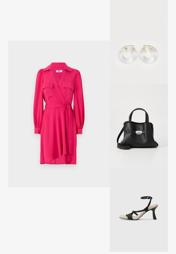 Rožinė apvalkalo suknelė su ilgomis rankovėmis, dviem krūtinės kišenėmis ir dirželiu. Pagaminta iš lygaus audinio su V formos kaklu ir plazdančia sijonu.; Juodų aukštakulnių sandalų su pintu dirželiu dizainas, kvadratine nosimi ir reguliuojamu kulkšnies dirželiu. Šviesiai bežė padas su blizgiu juodu kulnu.; Juodas odinis rankinės su tekstūruota apdaila, turintis dvi viršutinės rankenos, nuimamą peties diržą ir sidabrinį užsegimą.; Skirtingai skaidrūs akrilo auskarai su auksinės spalvos metaliniais akcentais ir poliruotu finišu. Yra sklandus, apvalus dizainas.