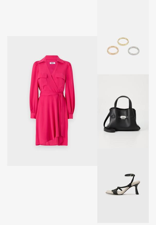 Roza obleka s dolgimi rokavi, dvema žepoma na prsih in pasom z obročem. Narejena iz gladkega materiala, z V-izrezom in tokovo krilo.; Črne sandale na visoki peti z prepletenim trakom, kvadratnim nosom in nastavljivim gležnjenjem. Svetlo bež podplat z sijajno črno peto.; Črna usnjena torbica z teksturirano površino, ki ima dva zgornja ročaja, odstranljiv ramenski trak in podrobnosti z srebrnim zapiranjem.; Trije kovinski prstani: eden rožnato zlati, eden zlat z teksturiranimi detajli in eden srebrn, vsi z vgraviranim logotipom na notranji strani.