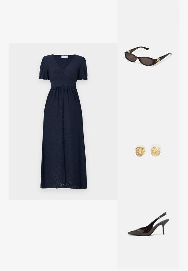 Tumed sinise tooniga maksikleit lühikeste puffvarrukate, V-kaelusega, tekstuurse kangaga ja ees oleva nööpkinnitusega, millel on rikkalikud broderie kirjeldused.; Kare kõrge kontsaga king, läikiv tumepruun lakknahast, terava nina, avatud külgedega ja reguleeritava pahkluuringiga.; Kilpkonnakilbi stiilis prillid piklik-ovaalsete läätsede, pruunika tooniga, kuldsete logo aktsentidega templitel ja elegantsed mustad varred.; Kuldne spiraalidega kõrvarõngad selgete tagustega, mis sisaldavad tekstureeritud kuldseid aktsente ja väikeseid selgeid vääriskive disainis.