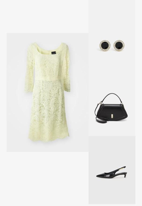 Robe en dentelle de couleur jaune pâle, avec des manches trois-quarts, un décolleté arrondi et une taille cintrée avec un motif floral texturé.; Talons hauts en cuir noir avec un bout pointu, dotés d'un talon fin et d'un accent en ton or sur la lanière réglable. Texture lisse.; Sac à main en cuir noir avec un design structuré, featuring une forme cropped, une poignée supérieure et des accents en matériel doré. Bandoulière réglable incluse.; DKNY INLAY STUD - Boucles d'oreilles - black/gold-coloured