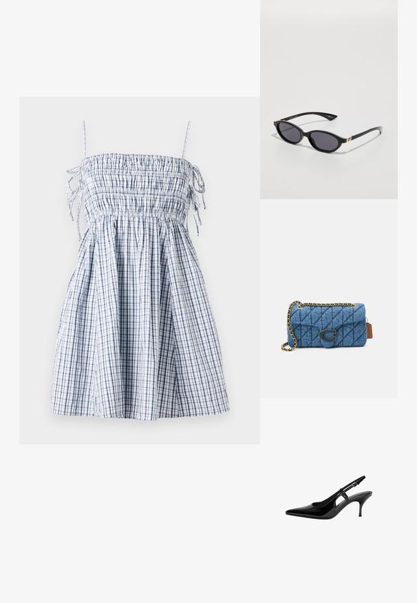 Rochie în carouri albastre și albe cu un corset smocat, bretele subțiri și o fustă vaporoasă, realizată dintr-un material ușor. Prezintă detalii cu șnur.; Pump slingback din piele lacuită neagră, cu vârf ascuțit, decupaje laterale deschise, toc subțire și curea ajustabilă pentru gleznă.; Ochelari de soare negri cu lentile ovale, nuanță în degradé închis și brațe subțiri cu accente aurii discrete. Finisaj din plastic neted.; Geantă de umăr din denim cu cusături albastre, cu un șirag de aur și un accent proeminent cu un logo auriu pe față. Formă compactă rectangulară.