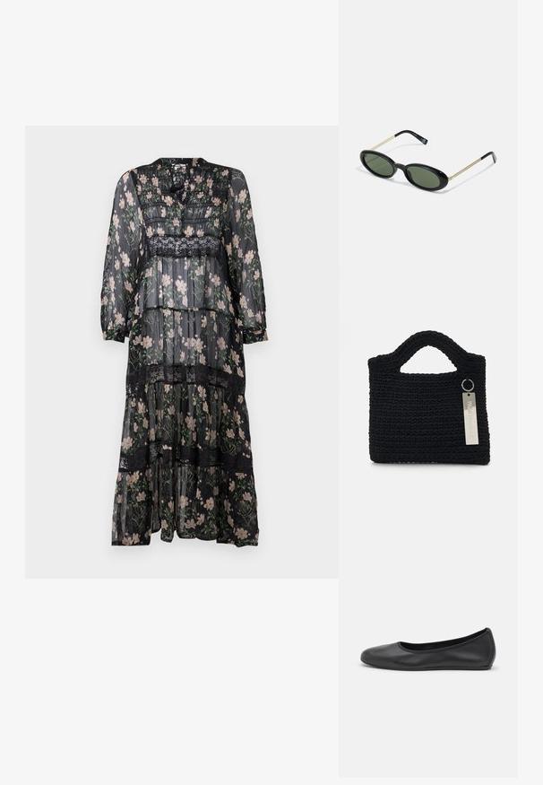 Saumaton musta maksimekko kukkakuviolla, pitsiyksityiskohdilla, kerroksellisella tekstuurilla, pitkissä hihoissa ja pyöreällä kaula-aukolla. Mukana myös kerroksellinen muotoilu.; Musta nahkainen ballerina, jossa on pyöristetty kärki, sileä pinta, minimaalinen ommelkoristelu ja joustava pohjamuotoilu.; Aurinkolasit ovaalinmuotoisella kehykset, joissa on vihreät linssit, musta muovinen etuosa ja ohuet kultaiset metalliset tempurit. Yksinkertainen muotoilu, jossa on sileä pinta.; Won Hundred MARSIELLE COMPUTER BAG UNISEX - Tietokonelaukku - black