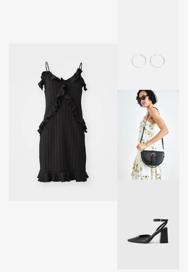 Juoda suknelė su raukiniais, reguliuojamomis spaghetti petnešomis, tekstūruota medžiaga ir plačiu apdailos kraštu. Visos suknelės paviršiuje yra vertikalios juostelės.; Juoda odinė smailiagalė aukštakulnio bateliai su kulkšnies dirželiu ir storu kulnu. Lygus paviršius, elegantiškas dizainas ir minimalistiška estetinė. ; Juodas odinis krepšys su išlenkta forma, nuimamu dirželiu ir auksiniais detalėmis. Krepšys turi kilpą su sagtimi.; Sidabrinės auskarai žiedai su sėslia, apvalia forma, pasižymintys lygia paviršiumi ir be matomų puošmenų. Svoris nenurodytas.