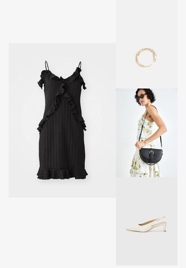 Čierne šaty s volánkovými akcentmi, nastaviteľnými ramienkami, štruktúrovanou tkaninou a rozšíreným lemom. Vertikálny pruhovaný vzor na celom odeve.; Biele lakované lodičky na podpätku so špicatou špičkou a nízkym blokovým opätkom. Obsahujú jemný remienok s detailom zlatého tónu.; Čierna kožená kabelka s zaobleným tvarom, odnímateľným popruhom a zlatými doplnkami. Kabelka má klopu s detailom s prackou.; Prsteň v zlatej farbe s organickým, skrúteným dizajnom, hladkým povrchom a zužujúcimi sa koncami, vytvárajúci moderný, sochársky vzhľad.