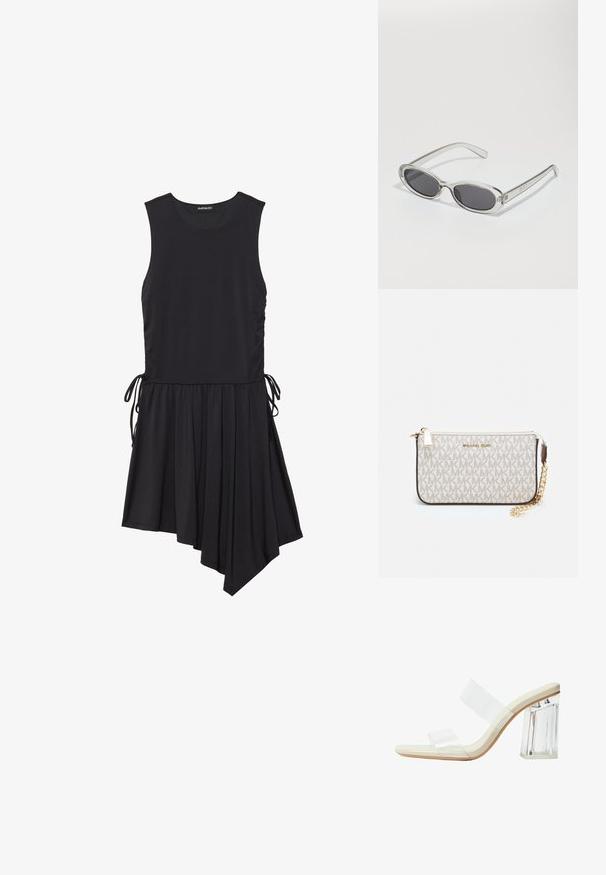 Černé bezramínkové šaty z měkké látky; mají nařasený asymetrický lem a boční šňůrky pro nastavitelný střih.; Sandály s průhlednými podpatky, které mají průhledné popruhy, béžovou stélku a masivní průhledný blokový podpatek. Elegantní a hladký design s minimálním estetickým pojetím.; Sluneční brýle s oválným tvarem, průhledným plastovým rámem, tmavě šedými skly a tenkými průhlednými stranami s akcenty loga a minimálními detaily.; Kabelka na zápěstí Michael Kors v béžové potažené plátno s opakujícím se vzorem loga MK, zlatými kovovými doplňky a odnímatelným řetízkovým popruhem.