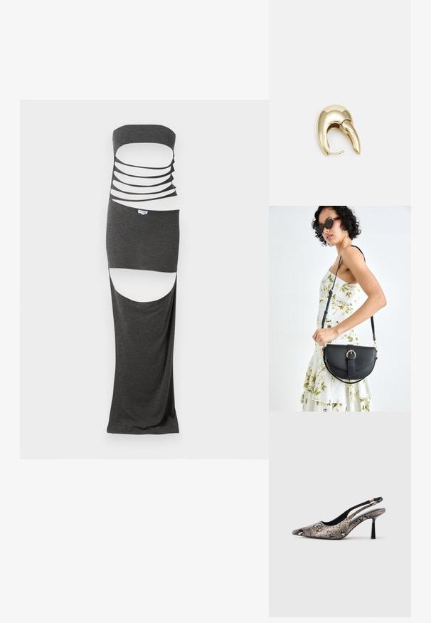 Urtagning lång klänning i mörkgrått tyg med strapless-design, flera horisontella skärningar och sidofickor. Slät textur.; Pekade-tå slingback skor i strukturerad ormskinnsmaterial, med en smal svart klack och ett utskuret mönster på sidorna.; Svart läderhandväska med en böjd form, avtagbar rem och guldiga detaljer. Väskan har ett lock med en spänndetalj.; Örhänge i guldtonad metall med en elegant, böjd design. Har en distinkt spetsig form, polerad yta och gångjärnslås.