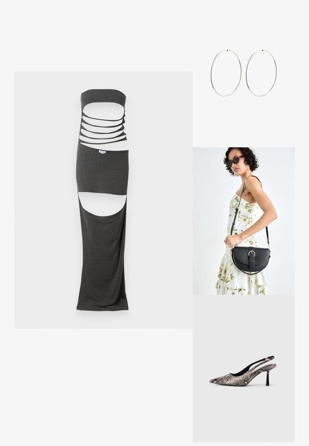 Tumši pelēkā auduma griezuma maxi kleita bez piedurknēm ar vairākiem horizontāliem griezumiem un sānu šķēlumiem. Gluda tekstūra.; Punktēti purngalu slingback apavi, kas izgatavoti no teksturētas čūsku drukas materiāla, ar plānu melnu papēdi un izgriezumu dizainu sānos.; Melnas ādas rokassoma ar izliekta formu, noņemamu siksnu un zelta aksesuāriem. Somai ir vāciņš ar sprādzes detaļu.; Sudraba riņķa auskari ar gludu, apaļu dizainu un pulētu apdari. Tie ir plāni un viegli, ar vienkāršu aizdari.