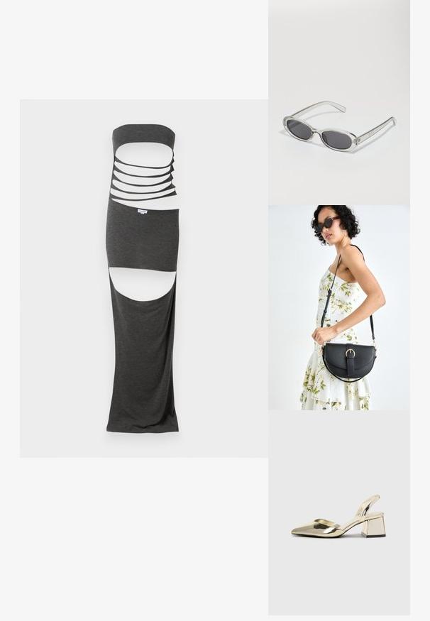 Maxi šaty s vystrihmi v tmavosivej látke, s bezramienkovým dizajnom, ktorý obsahuje niekoľko horizontálnych vystrihov a bočné rozparky. Hladká textúra.; Zlaté kovové lodičky na podpätku so špicatou špičkou a robustným podpätkom. Hladký povrch, minimalistický dizajn a úzka remienok.; Slnečné okuliare oválneho tvaru, s priehľadným plastovým rámom, tmavošedými šošovkami a tenkými priehľadnými ramienkami s logovými akcentmi a minimálnym detailovaním.; Čierna kožená kabelka s zaobleným tvarom, odnímateľným popruhom a zlatými doplnkami. Kabelka má klopu s detailom s prackou.; Náušnice z kovu v zlatej farbe s elegantným, zakriveným dizajnom. Majú charakteristický špicatý tvar, leštený povrch a uzáver na pánt.