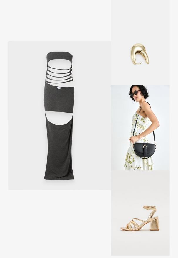 Tumedast hallist kangast maxikleit, millel on õlga vaba disain ja mitmed horisontaalsed lõiked ning külgsalgud. Sile tekstuur.; Kuldne metallik kontsandaalid, millel on rihmadega disain, ruudukujuline plokkkonts ja reguleeritav pahkluu rihm klambriga. Sile tekstuur.; Mustmust mustraha kõverate joontega, eemaldatava rihmaga ja kuldsete detailidega. Kotil on klapp, millel on pandladetail.; Kuldtooni metallist kõrvarõngas, millel on elegantne ja kaarjas disain. Omab silmapaistvat teravat kuju, poleeritud pinda ja hingesulgemist.