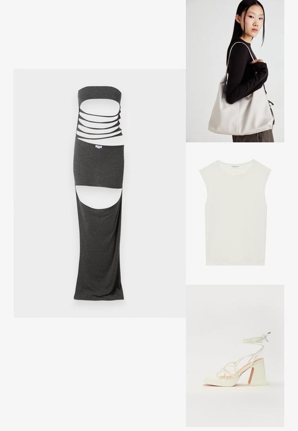 Sötét szürke anyagból készült maxi ruha, amely pánt nélküli kialakítással rendelkezik, több vízszintes kivágással és oldalsó hasítékokkal. Simább textúra.; Fehér ujjatlan felső, kerek nyakkivágással. Simább anyagból készült, laza fazonnal és minimalista kialakítással rendelkezik. Nincsenek minták vagy díszítések.; Fehér, magassarkú szandál vastag sarokkal, pántos dizájnnal és bokapánttal. Sima textúra, elülső platformmal a megnövelt magasság érdekében.; Puha anyagból készült bézs kézitáska, laza dizájnnal, varrott részletekkel és két vállpánttal. Mindennapi használatra alkalmas.