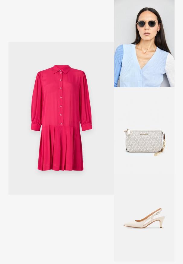 Jasnoróżowa sukienka z kołnierzykiem, zapięciem na guziki z przodu oraz długimi bufkami. Posiada plisowaną spódnicę i gładki, lekki materiał.; Biała szpilka slingback z ostrym noskiem, gładkim materiałem wierzchnim, niskim obcasem blokowym oraz wycięciami po bokach i regulowanym paskiem z klamrą.; Okrągłe okulary przeciwsłoneczne z ciemnymi soczewkami i złotymi ramkami. Modelka nosi jasnoniebieski kardigan w prążki z guzikami i białymi rękawami w kontrastowym kolorze.; Portfel na nadgarstek marki Michael Kors w beżowej, pokrytej płótnem, z powtarzającym się wzorem logo MK, złotym okuciem i odpinanym łańcuszkowym paskiem.