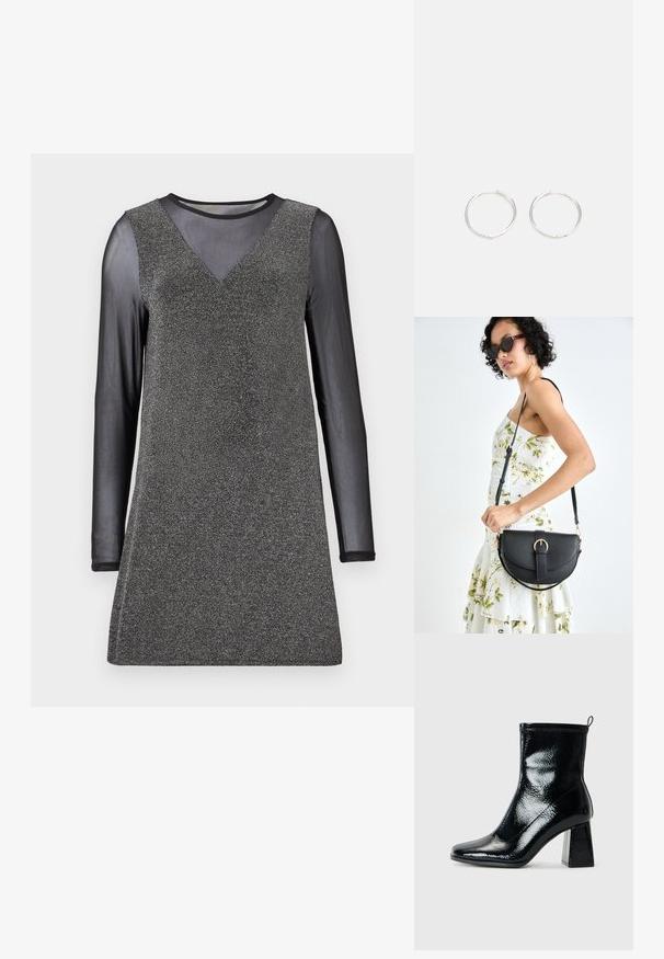 Vestido preto de manga longa com decote em V, apresentando um corpete texturizado em prata brilhante e mangas pretas transparentes. Tecido suave, silhueta ampla.; Botim de tornozelo pretos em verniz com bico quadrado e salto geométrico robusto. Apresenta uma textura suave e brilhante, além de uma pega traseira para facilitar o calçar.; Bolsa de couro preta com forma curva, alça destacável e detalhes em dourado. A bolsa possui uma aba com detalhe de fivela.; Brincos de argola prateados com um design arredondado e elegante, apresentando uma superfície lisa e sem adornos visíveis. Diâmetro não especificado.