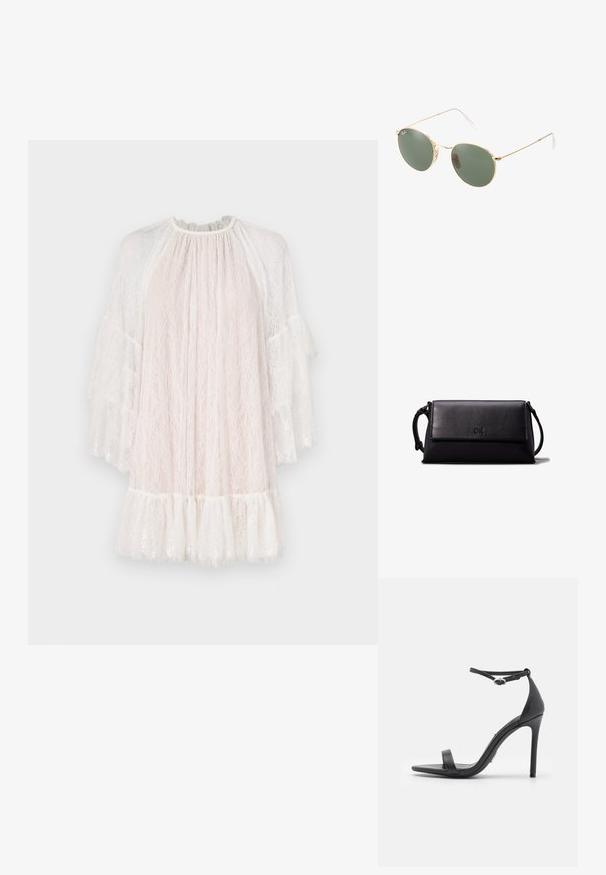 Krajková šaty v jemně růžové barvě s vysokým výstřihem, rozšířenými krajkovými rukávy a volánkovým lemem. Obsahují složité květinové vzory po celém povrchu.; Černé sandály na vysokém podpatku s otevřenou špičkou, tenkými pásky a sponou kolem kotníku. Hladká kožená textura s špičatým tvarem špičky.; Sluneční brýle s metalickým zlatým rámem a zelenými skly, kulatého tvaru, s tenkými stranami a bílými plastovými akcenty na koncích ramen.; Černá kožená psaníčko s obdélníkovým tvarem, hladkým povrchem, plochým víkem a malou rukojetí na boku. Obsahuje jemné logo.
