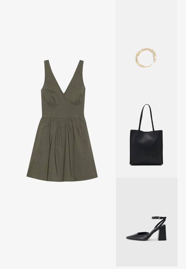 Olīvzaļš bezpiedurkņu kleita ar V veida kakla izgriezumu, piegulošu augšdaļu un savilktu jostasvietu, kurai ir izplesta svārku daļa un gluda auduma tekstūra.; Melna ādas augstpapēžu kurpe ar norakstīto purngala formu, potītes siksniņu un masīlu papēdi. Gluda tekstūra, elegants dizains un minimālisma estētika.; Melnas ādas somiņa ar gludu tekstūru, taisnstūra formu un divām garām rokturiem. Nav redzamu aparatūras vai rotājumu.; Zelta toņa gredzens ar organisku, vērptu dizainu, gludu virsmu un sašaurinātiem galiem, radot mūsdienīgu, skulpturālu izskatu.