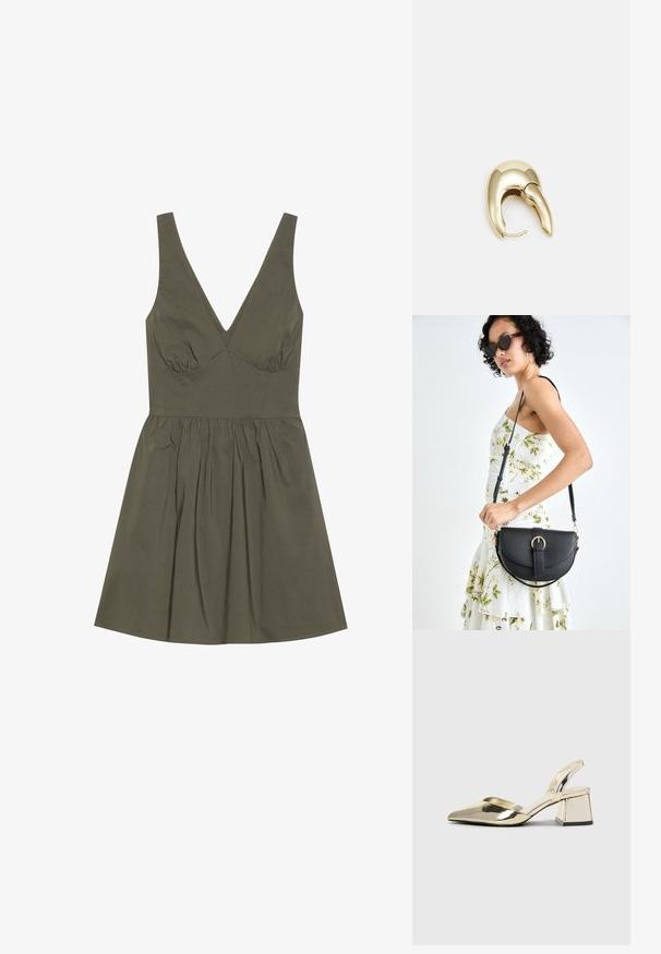 Olivengrön ärmlös klänning med V-ringning, figurnära överdel och rynkad midja, med en utsvängd kjol och slät tygstruktur.; Guld, metalliska slingback-klackar med spetsig tå och chunky klack. Slät textur, minimalistisk design och en smal rem.; Svart läderhandväska med en böjd form, avtagbar rem och guldiga detaljer. Väskan har ett lock med en spänndetalj.; Örhänge i guldtonad metall med en elegant, böjd design. Har en distinkt spetsig form, polerad yta och gångjärnslås.