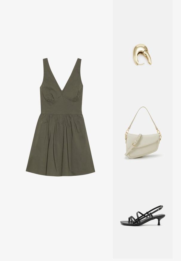 Olivno zeleno brezrokavnik obleko z V-izrezom, prilagojenim trupom in nabrano pasom, ki ima razširjeno krilo in gladko teksturo tkanine.; Črne petne sandale z več križnimi trakovi. Gladek material, koničast nos in ozka peta. Nastavljiv gleženjski trak z zaponko.; Mala kremna torbica z teksturiranim zaključkom, dolgim nastavljivim trakom, verižnim poudarkom in zapiranjem na poklop. Detajli iz zlatega kovinskega materiala.; Uhane nakit iz zlatastega tona z gladko, ukrivljeno zasnovo. Ima edinstveno koničasto obliko, polirano površino in zaponko s tečajem.