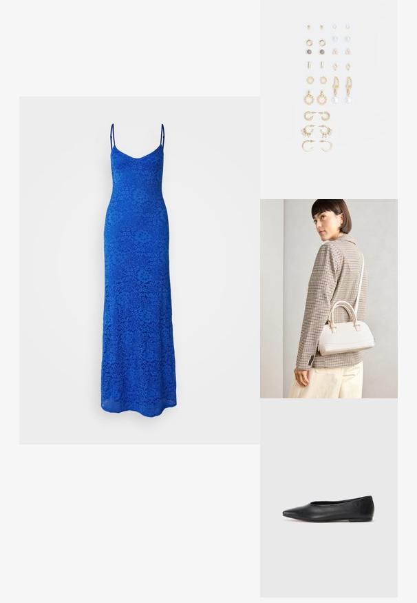 Kék csipkés maxi ruha vékony pántokkal, testhezálló bodice-zsal és virágmintával. Az áramló szoknya a padlóig ér, kiemelve a bonyolult csipke textúrát.; Fekete bőr balettcipő, hegyes orral, minimalista dizájn, sima textúra, alacsony sarkú, látható fémrész vagy díszítés nélkül.; Fehér, strukturált kézitáska rövid füllel és vállpánttal, arany színű fém kiegészítőkkel és texturált anyagból, szürke háttér előtt bemutatva.; Arany tónusú fülbevalók szettje, amely különféle mintákat tartalmaz, beleértve a stift fülbevalókat, karikákat és gyöngyökkel és strasszokkal díszített hosszú fülbevalókat.
