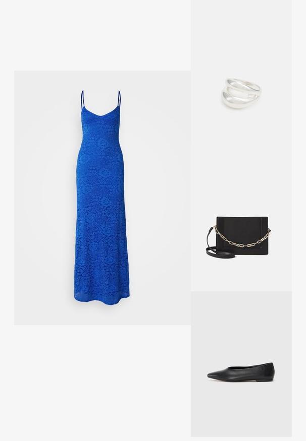 Sinine pitskleit maksikleidina õhukeste rihmadega, keha lähedane bodice ja lillemuster. Voogav seelik ulatub põrandani, näidates keerukat pitsi tekstuuri.; Musthave mustris balletkingad, terav nina, minimaliseeritud disain, sile pind, madal konts, ilma nähtava riistvara või kaunistusteta.; Mustast nahast õlakott, mis omab siledat tekstuuri, ristküliku kuju ning esiküljel metallketi detaili. Reguleeritav rihm on kaasas.; Hõbedane kahekordne rõngas sujuva, poleeritud pinnaga. Omab voolavat, kõverat disaini, millel on kattuvad sektsioonid, et saavutada kaasaegne ilme.