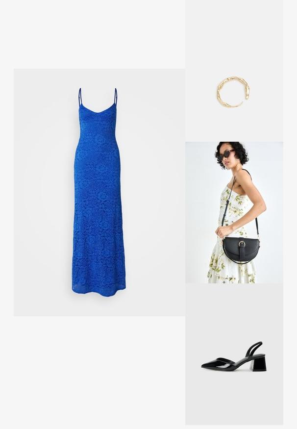 Mėlynas nėriniuotas maxi suknelė su plonais petnešėlėmis, prigludusia liemens dalimi ir gėlėtomis raštais. Sraigiantis sijonas siekia grindis, demonstruojantis sudėtingą nėrinių tekstūrą.; Juodos lakuotos odinės šlepetės su smailiu pirštu ir geometriniu bloko kulnu. Turi elegantišką, minimalistinį dizainą ir lygų paviršių.; Juodas odinis krepšys su išlenkta forma, nuimamu dirželiu ir auksiniais detalėmis. Krepšys turi kilpą su sagtimi.; Auksinės spalvos žiedas, turintis organišką, sukimosi dizainą su lygiu paviršiumi ir siaurėjančiais galais, sukuriantis modernią skulptūrinę išvaizdą.