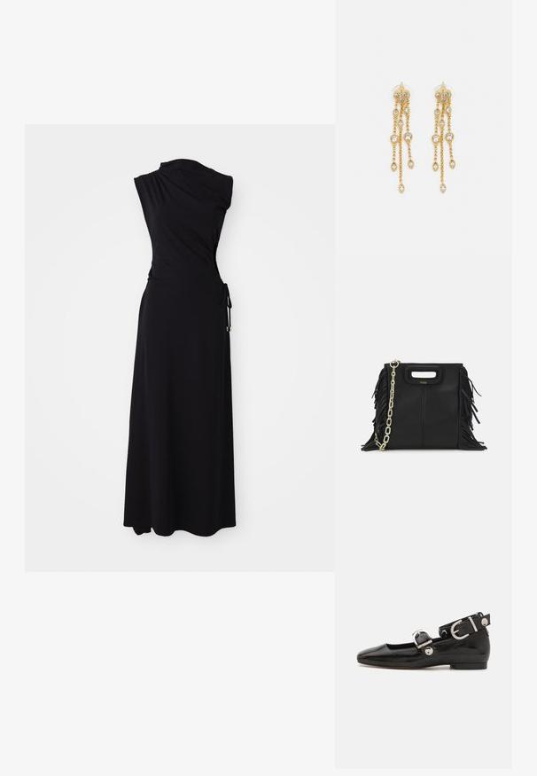 Juoda, be rankovių suknelė su viena petneša, susiraukšlėta juosmens dalimi ir šoniniu raiščiu. Pagaminta iš minkštos, elastingos medžiagos. Grindims siekianti.; Juodas lakinės odos plokščias batelis su kvadratiniu pirštu, kulkšnies dirželiu su sidabro detalėmis ir plokščiu padu. Sklandus paviršius su minimalistišku dizainu.; Juodas odinis rankų darbo rankinys su frinzuotomis detalėmis, auksine grandinės petneša ir išpjauto dizaino rankena. Pirmoje pusėje yra logotipo vieta.; Aukso spalvos auskarai su keliais kaskadiniais grandinėlėmis, su skaidriais ovaliais kristalų akcentais ir dekoratyviniais auskarų priekiais.