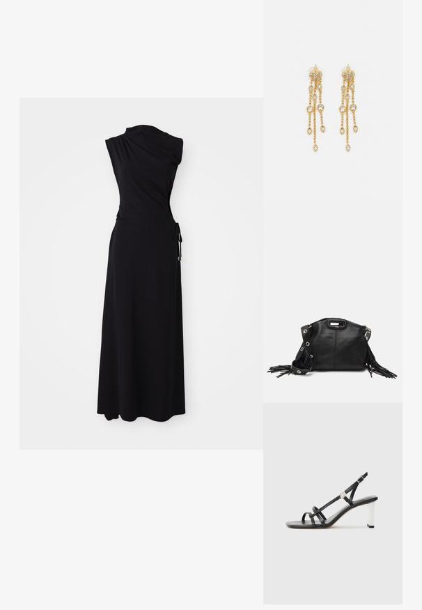 Rochie neagră, fără mâneci, cu un design pe un umăr, talie strânsă și detalii cu nod pe lateral. Fabricată dintr-un material moale și elastic. Lungime până la podea.; Sandale negre cu toc înalt, cu mai multe curele înguste, design slingback și un accent argintiu pe toc. Material superior neted și toc pătrat.; Maje MISS MINI - Geantă crossbody - noir; Cercei aurii cu multiple lanțuri suspendate, având accente din rhinestone ovale clare și capete decorative cu tighel.