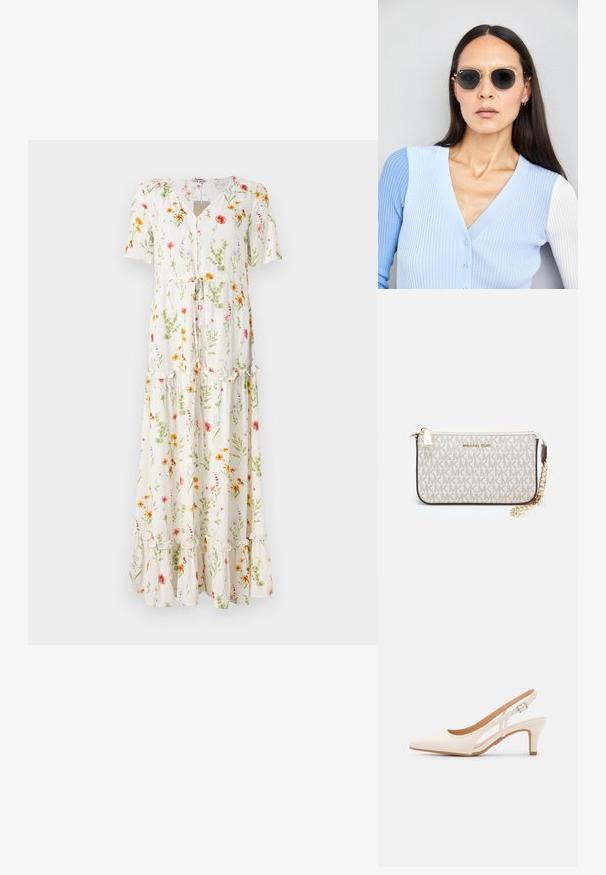 Lange bloemenmaxi jurk van lichtgewicht stof, met korte mouwen, knopen aan de voorkant en een gerimpelde zoom, met een witte basis en een veelkleurig bloemenpatroon.; Witte slingback hak met een spitse neus, glad bovenmateriaal, lage blokhak en een design met uitsparingen aan de zijkant, voorzien van een verstelbare gespsluiting.; Ronde zonnebrillen met donkere glazen en gouden montuur. Het model draagt een lichtblauwe, geribbelde cardigan met knopen en contrasterende witte mouwen.; Michael Kors polsbandje in beige gecoate canvas met een herhaald MK-logo patroon, gouden hardware en een afneembare kettingriem.